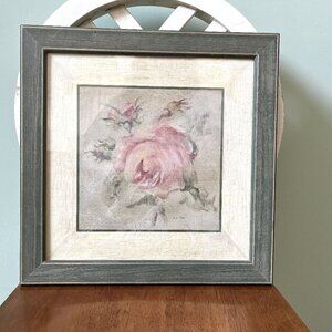 vintage Cheri Blum 14.25" square wooden green framed roses print wall hanging